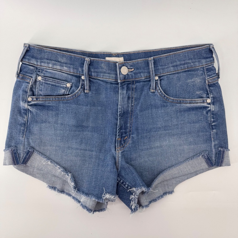 MOTHER Rascal Slit Flip Short Womens 26 Blue Denim Raw Hem Distressed Cut Off